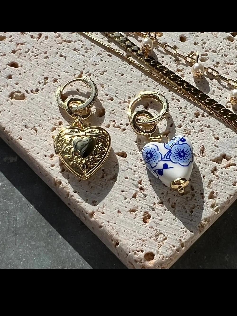 NEW Gold Heart Locket Charm + Blue And White Ceramic Floral Heart Charm 2 Piece